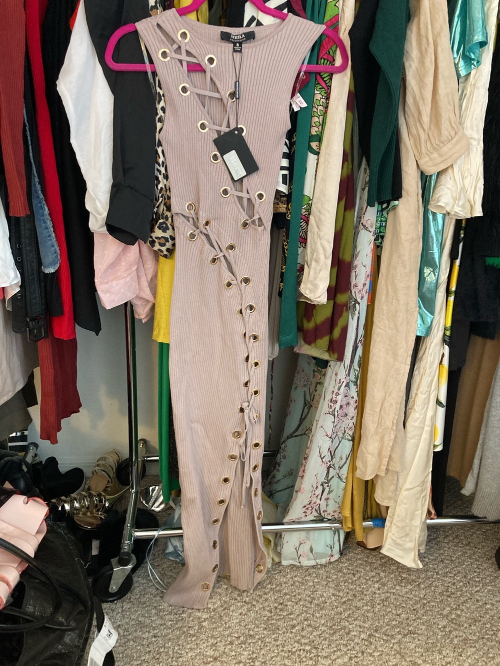 Hera Collection Mauve Ribbed Lace-Up Maxi Dress